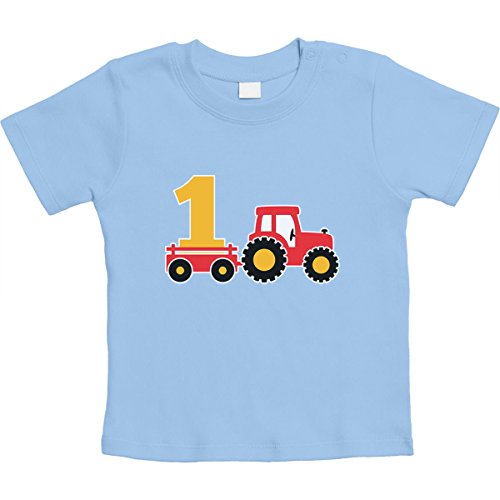 Baby Tshirt 1 Jahr Geburtstag Junge Geschenk Traktor Bagger Junge Mädchen T-Shirt Baby 6-12 Monate Hellblau von Shirtgeil