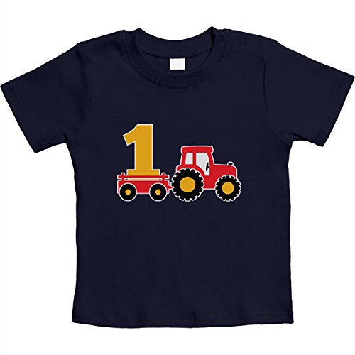 Baby Tshirt 1 Jahr Geburtstag Junge Geschenk Traktor Bagger Junge Mädchen T-Shirt Baby 6-12 Monate Marineblau von Shirtgeil