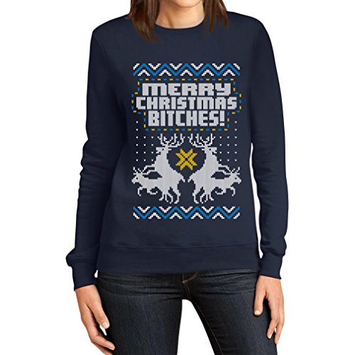 Damen Weihnachtspulli Merry Christmas Bitches Rentiere Frauen Sweatshirt Medium Marineblau von Shirtgeil