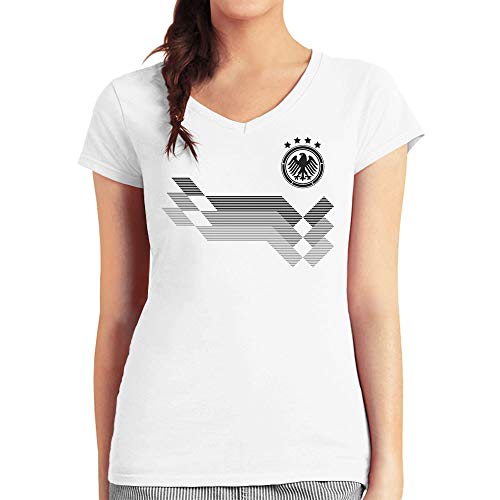 Deutschland Fußball Trikot für Frauen EM Fanartikel Damen T-Shirt V-Ausschnitt Large Weiß von Shirtgeil