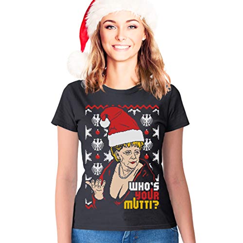 Geiles Hässliches X-Mas Geschenk Angie Who's Your Mutti? Damen T-Shirt Slim Fit Large Schwarz von Shirtgeil