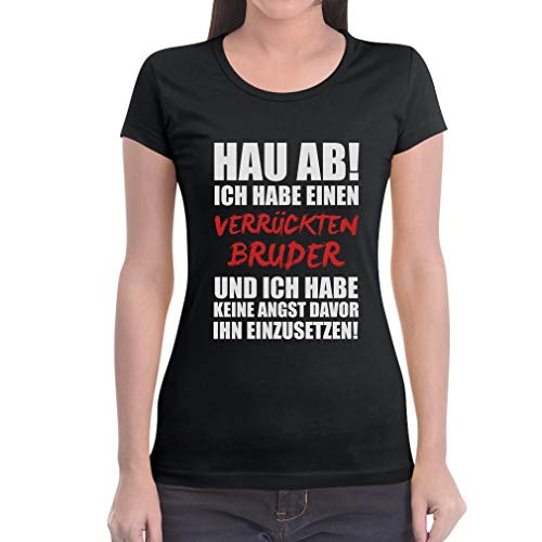 Geschwistergeschenk für Schwester Verrückter Bruder Damen T-Shirt Slim Fit Medium Schwarz von Shirtgeil