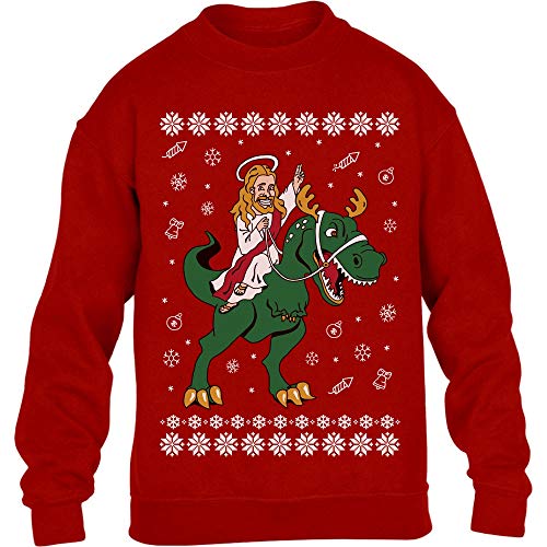 Hässlicher Weihnachtspullover - Jesus Reitet Auf Dino Kinder Pullover Sweatshirt 140 Rot von Shirtgeil