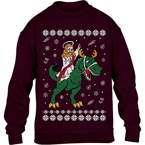 Hässlicher Weihnachtspullover - Jesus Reitet Auf Dino Kinder Pullover Sweatshirt 152 Kastanienbraun von Shirtgeil