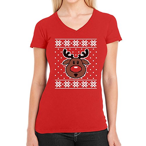 Hässlicher Weihnachtspullover Rudolph Rudolf Rentier Damen T-Shirt V-Ausschnitt Large Rot von Shirtgeil