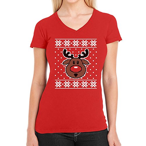 Hässlicher Weihnachtspullover Rudolph Rudolf Rentier Damen T-Shirt V-Ausschnitt Medium Rot von Shirtgeil
