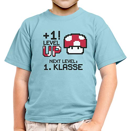 Jungen Tshirt Zur Einschulung Plus1 - Level UP Next Level 1. KLASSE Kinder T-Shirt Junge 128 Hellblau von Shirtgeil