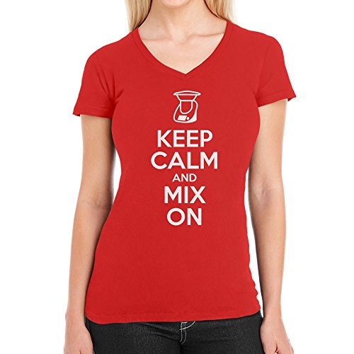 Keep Calm and Mix On - Motiv für Thermomix Liebhaber Damen T-Shirt V-Ausschnitt Medium Rot von Shirtgeil