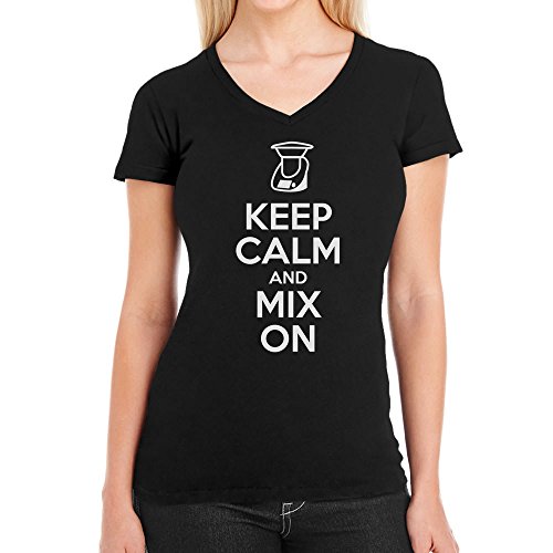 Keep Calm and Mix On - Motiv für Thermomix Liebhaber Damen T-Shirt V-Ausschnitt Medium Schwarz von Shirtgeil