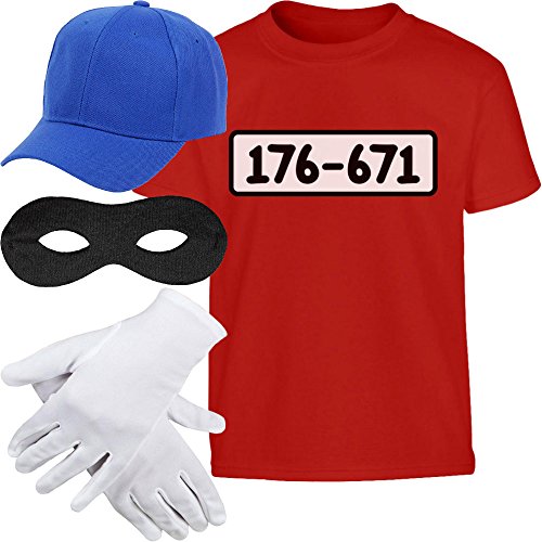 Kids Panzerknacker KOSTÜM + MÜTZE (einmal Größe) + Maske + Handschuhe Kinder T-Shirt 5-6 Jahre (116cm/XS) Rot von Shirtgeil