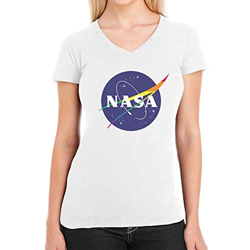 LGBT NASA Logo in Regenbogen Farben Damen T-Shirt V-Ausschnitt Small Weiß von Shirtgeil