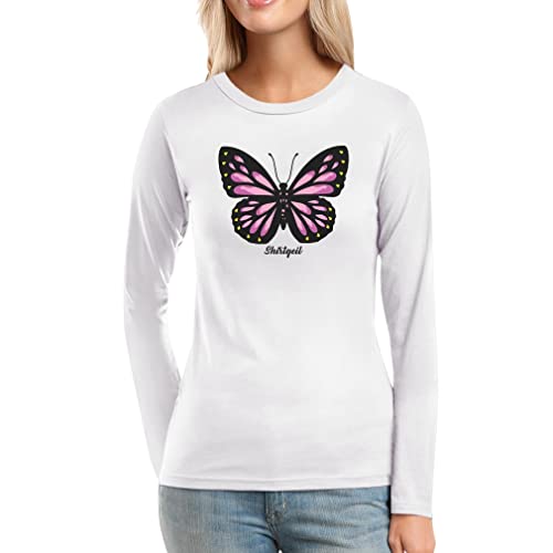 Langarmshirt Damen Oberteile Butterfly Schmetterling Frauen T-Shirt Langarm Medium Weiß von Shirtgeil