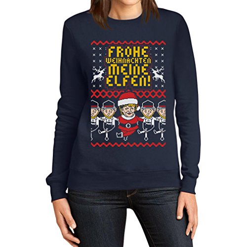 Lustiger Hässlicher Weihnachtspullover mit Merkel und Elfen Frauen Sweatshirt Large Marineblau von Shirtgeil