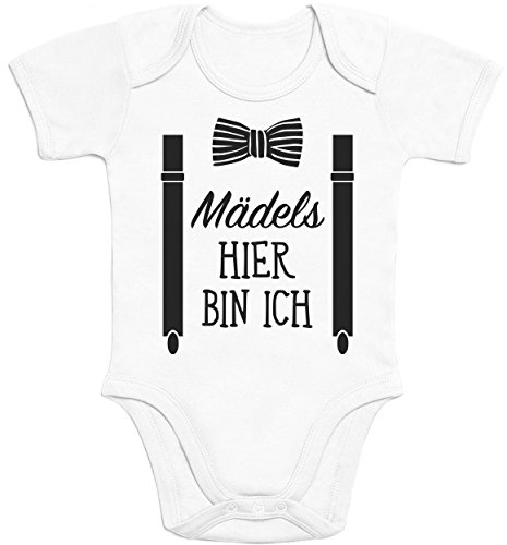 Shirtgeil Mädels, Hier Bin Ich! - Geschenk für Neugeborene Jungen Baby Kurzarm Body (6-12M, Weiß) von Shirtgeil
