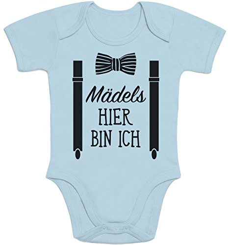 Shirtgeil Mädels, Hier Bin Ich! - Geschenk für Neugeborene Jungen Baby Kurzarm Body (12-18M, Hellblau) von Shirtgeil