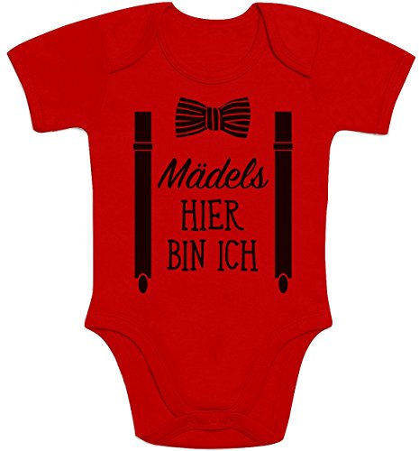 Shirtgeil Mädels, Hier Bin Ich! - Geschenk für Neugeborene Jungen Baby Kurzarm Body (0-3M, Rot) von Shirtgeil