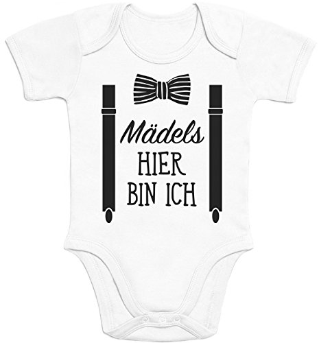 Shirtgeil Mädels, Hier Bin Ich! - Geschenk für Neugeborene Jungen Baby Kurzarm Body (0-3M, Weiß) von Shirtgeil