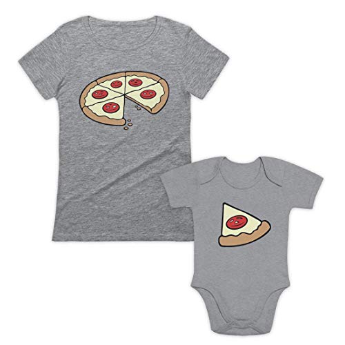 Mama Baby Pizza Stück - Partnerlook Geschenk Eltern Kind Damen T-Shirt Babybody Mom Grau XL/Baby Grau 12-18 Monate von Shirtgeil