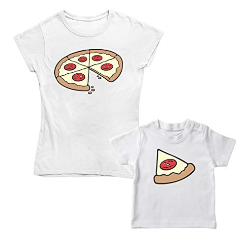 Mama Baby Pizza Stück - Partnerlook Geschenk Eltern Kind Damen und Babyshirt Baby Weiß 3-6 Monate/Mom Weiß S von Shirtgeil