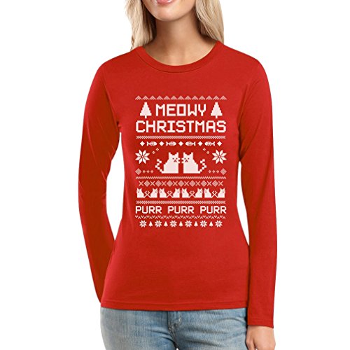 MeowyChristmas hässliche Strickjacke Damen Langarm-Rot Large T-Shirt - Süsse Kätzchen von Shirtgeil