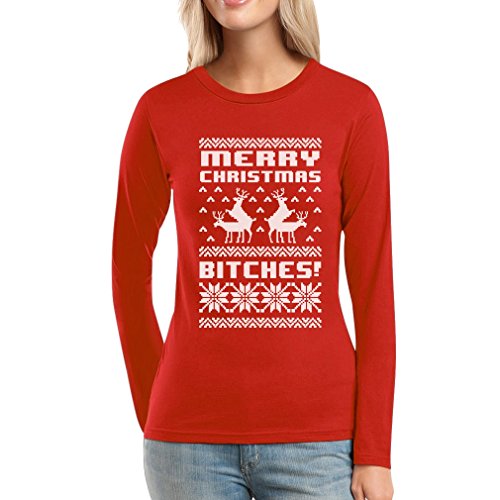 Merry Christmas Bitches Damen Langarm-Rot Large T-Shirt - Lustiger Weihnachtspulli von Shirtgeil