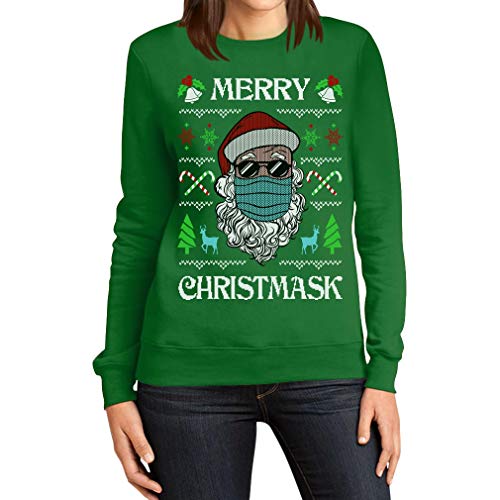 Merry Christmask Damen Ugly Christmas Sweater Nikolaus Maske Frauen Sweatshirt X-Large Grün von Shirtgeil