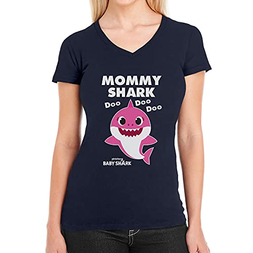 T Shirt Damen V Ausschnitt Mommy Shark DOO DOO DOO - Baby Shark Geschenk Mama Medium Marineblau von Shirtgeil