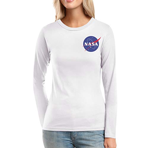NASA Retro Seiten Taschen Logo Frauen Langarm-T-Shirt Large Weiß von Shirtgeil