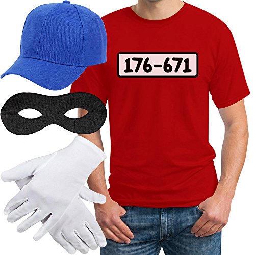 T-Shirt Herren Banditen Bande Verkleidung T Shirt Panzerknacker Kostüm Karneval Fasching Outfit JGA Kostüme Tshirt + MÜTZE + Maske + Handschuhe L Rot von Shirtgeil