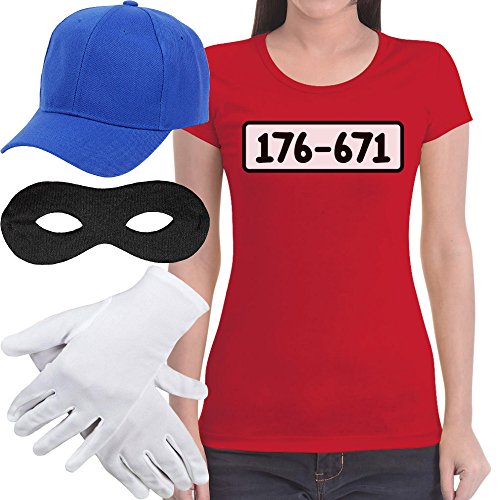 T-Shirt Damen Panzerknacker Banditen Bande Kostüm Shirt + MÜTZE + Maske + Handschuhe Frauen Tshirt Slim Fit Medium Rot von Shirtgeil
