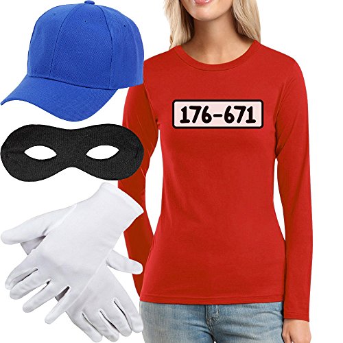 Panzerknacker Kostüm Langarm-Shirt + MÜTZE + Maske + Handschuhe Frauen Langarm-T-Shirt Medium Rot von Shirtgeil