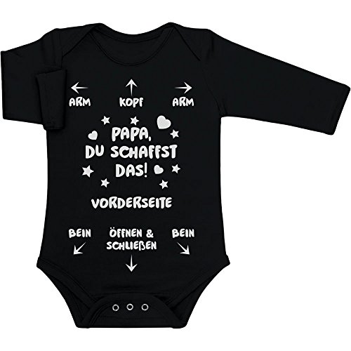 Shirtgeil Langarm Baby Body Papa Du Schaffst Das - Babykleidung - Witziges Strampler Motiv für Väter Babybody Vater Geschenk Kleidung - Babystrampler mit Spruch 6-12 Monate Schwarz von Shirtgeil