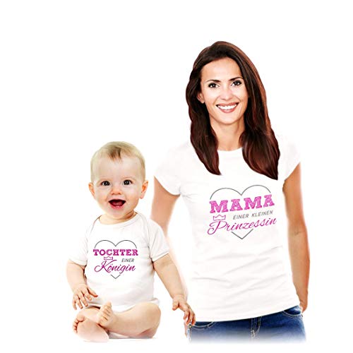 Partner Look Mutter Baby - Tochter Einer Königin Body & Mama Einer Prinzessin Shirt Mama Weiß S/Baby Weiß 0-3 Monate von Shirtgeil