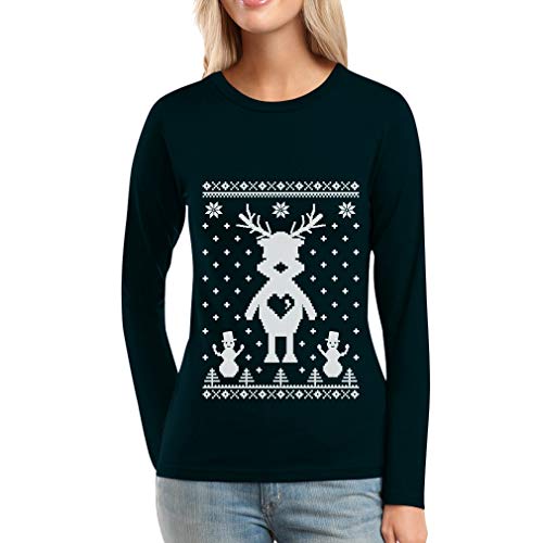 Rentier im Schnee mit Schneemänner Weihnachts Frauen Langarm-T-Shirt Small Schwarz von Shirtgeil