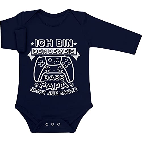 Shirtgeil Baby Body Langarm ICH BIN DER BEWEIS DASS PAPA NICHT NUR ZOCKT Baby Strampler Newborn Marineblau von Shirtgeil