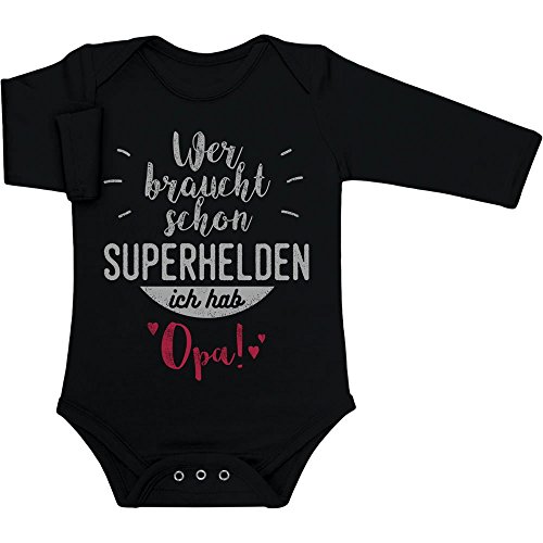 Shirtgeil Baby Body Wer braucht Schon Superhelden ich hab Opa Strampler Langarm Mädchen Jungen 0-3 Monate Schwarz von Shirtgeil