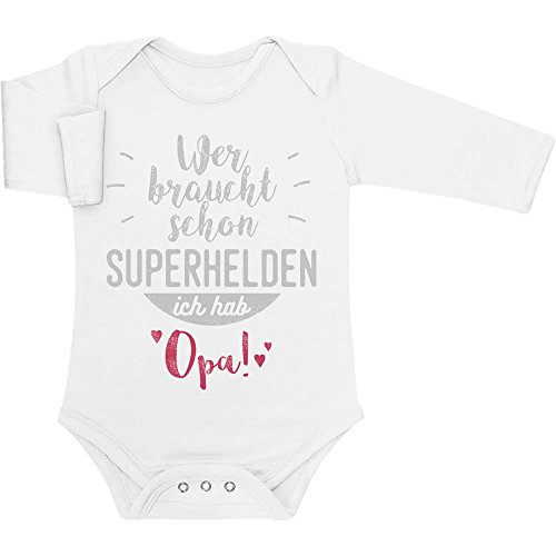 Shirtgeil Baby Body Wer braucht Schon Superhelden ich hab Opa Strampler Langarm Mädchen Jungen 12-18 Monate Weiß von Shirtgeil