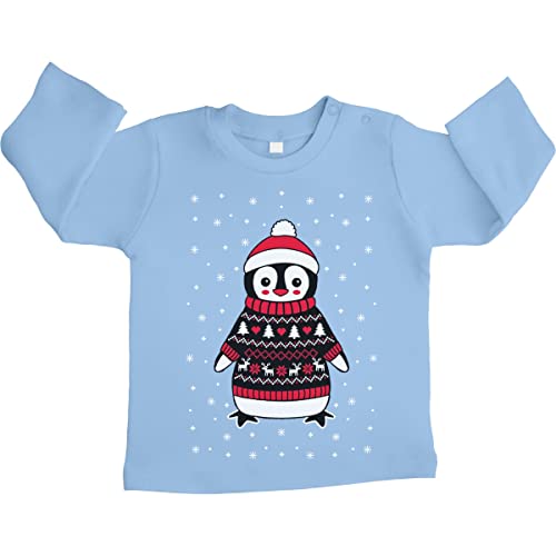 Shirtgeil Baby Langarmshirt Xmas Pinguin mit Rentier Weihnachtspullover Baby Pullover Mädchen Junge 12-18 Monate Hellblau von Shirtgeil