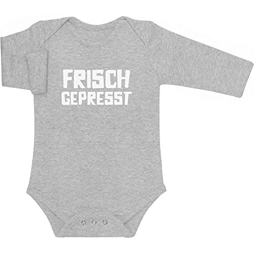 Shirtgeil Baby Body Langarm mit Spruch Frisch Gepresst - Eltern Geschenke zur Geburt 0-3 Monate Grau von Shirtgeil