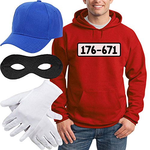 Shirtgeil Hoodie Herren Panzerknacker Banditen Kostüm Hoodie + MÜTZE + Maske + Handschuhe Kapuzenpullover XX-Large Rot von Shirtgeil