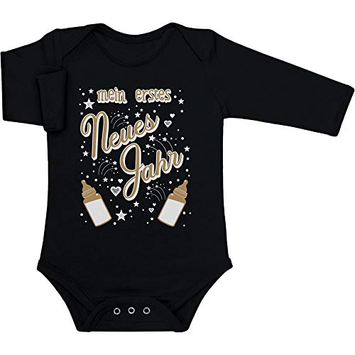 Shirtgeil Langarm Baby Body Mein erstes Neues Jahr mit Babyflaschen Silvester Baby Strampler 3-6 Monate Schwarz von Shirtgeil
