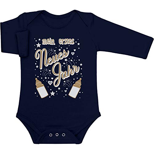 Shirtgeil Langarm Baby Body Mein erstes Neues Jahr mit Babyflaschen Silvester Baby Strampler 6-12 Monate Marineblau von Shirtgeil