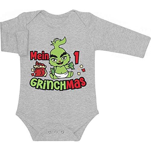 Shirtgeil Langarm Baby Body Weihnachten - Mein erstes Grinchmas - Grinch Weihnachts-Outfit - Weihnachtsoutfit Baby Mädchen & Jungen - Babykleidung Babystrampler Newborn Grau von Shirtgeil