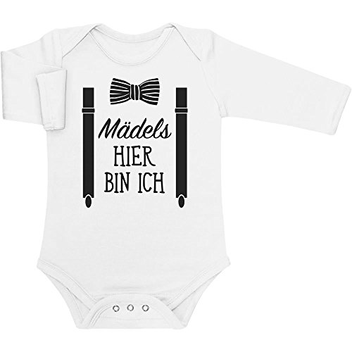 Shirtgeil Langarm Baby Body Junge - Mädels, Hier Bin Ich! Geschenk für Neugeborene Jungen 0-3 Monate Weiß von Shirtgeil