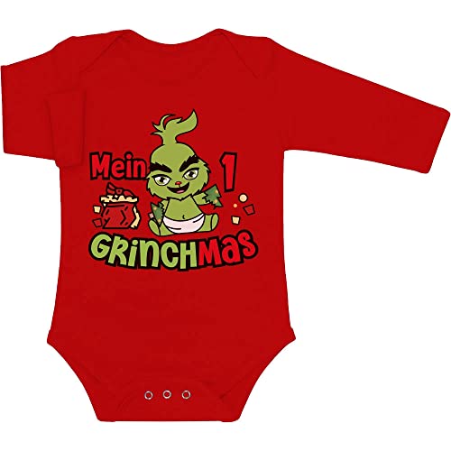 Shirtgeil Langarm Baby Body Weihnachten - Mein erstes Grinchmas - Grinch Weihnachts-Outfit - Weihnachtsoutfit Baby Mädchen & Jungen - Babykleidung Babystrampler 12M Rot von Shirtgeil