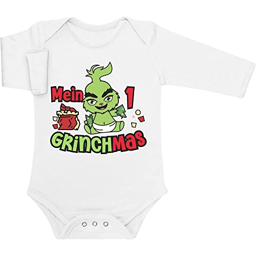 Shirtgeil Langarm Baby Body Weihnachten - Mein erstes Grinchmas - Grinch Weihnachts-Outfit - Weihnachtsoutfit Baby Mädchen & Jungen - Babykleidung Babystrampler 12M Weiß von Shirtgeil