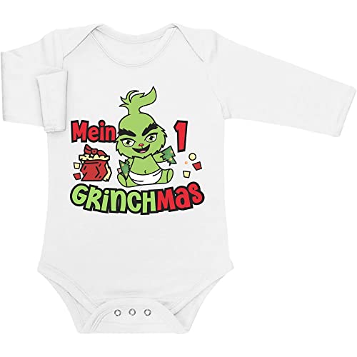 Shirtgeil Langarm Baby Body Weihnachten - Mein erstes Grinchmas - Grinch Weihnachts-Outfit - Weihnachtsoutfit Baby Mädchen & Jungen - Babykleidung Babystrampler 6M Weiß von Shirtgeil