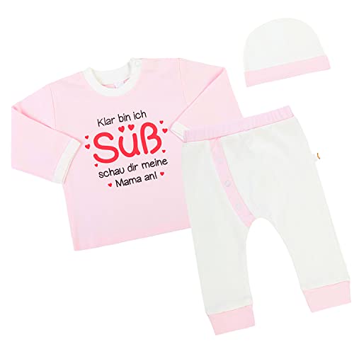 Shirtgeil Langarmshirt Baby Mädchen Set Erstausstattung Neugeborene Mädchen - Klar bin ich süß schau dir meine Mama an - Pullover + Hose + Mütze 0-6 Monate OS von Shirtgeil