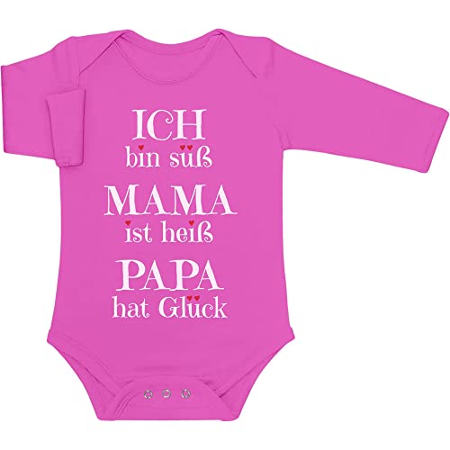 Baby Body Langarm - Süßer Spruch - Ich Bin süß, Mama ist heiß, Papa hat Glück Geschenk Langarmbody Baby Mädchen - Geschenke für Mama - Baby Strampler 6-12 Monate Wow rosa von Shirtgeil