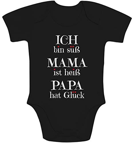 Süßer Spruch Ich Bin süss, Mama ist heiß, Papa hat Glück Baby Body Kurzarm-Body, Schwarz, 6M von Shirtgeil